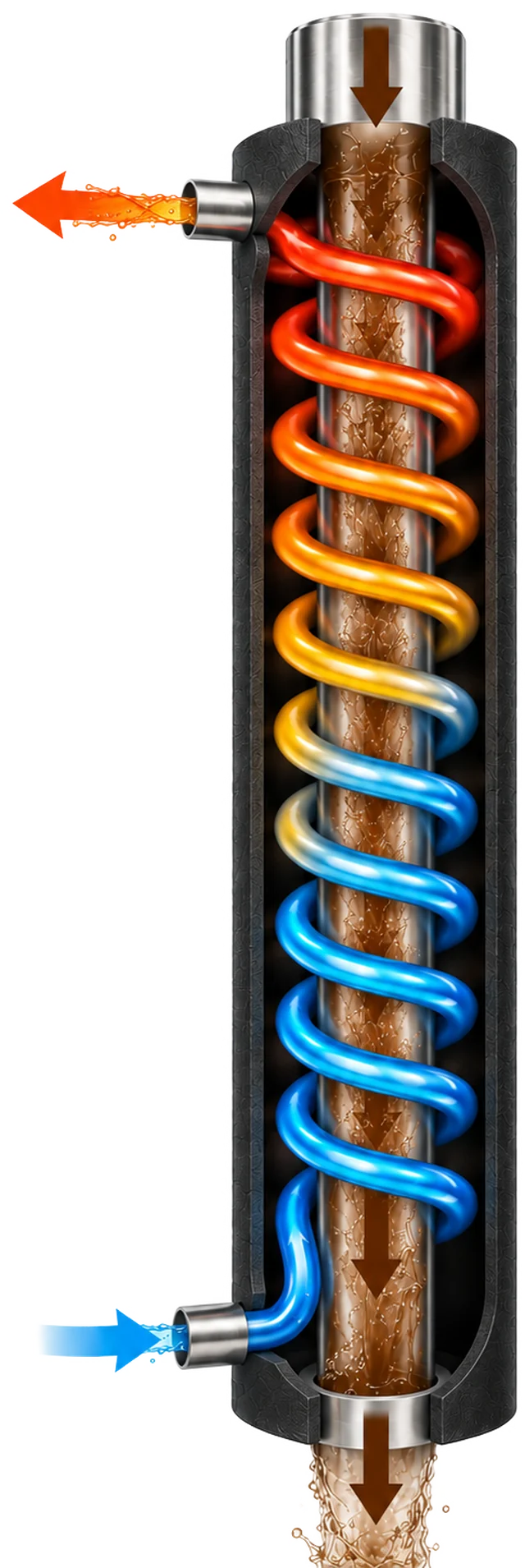 Řez výměníkem EQUALIS THERM se spirálou studené vody ovinutou kolem centrální trubky