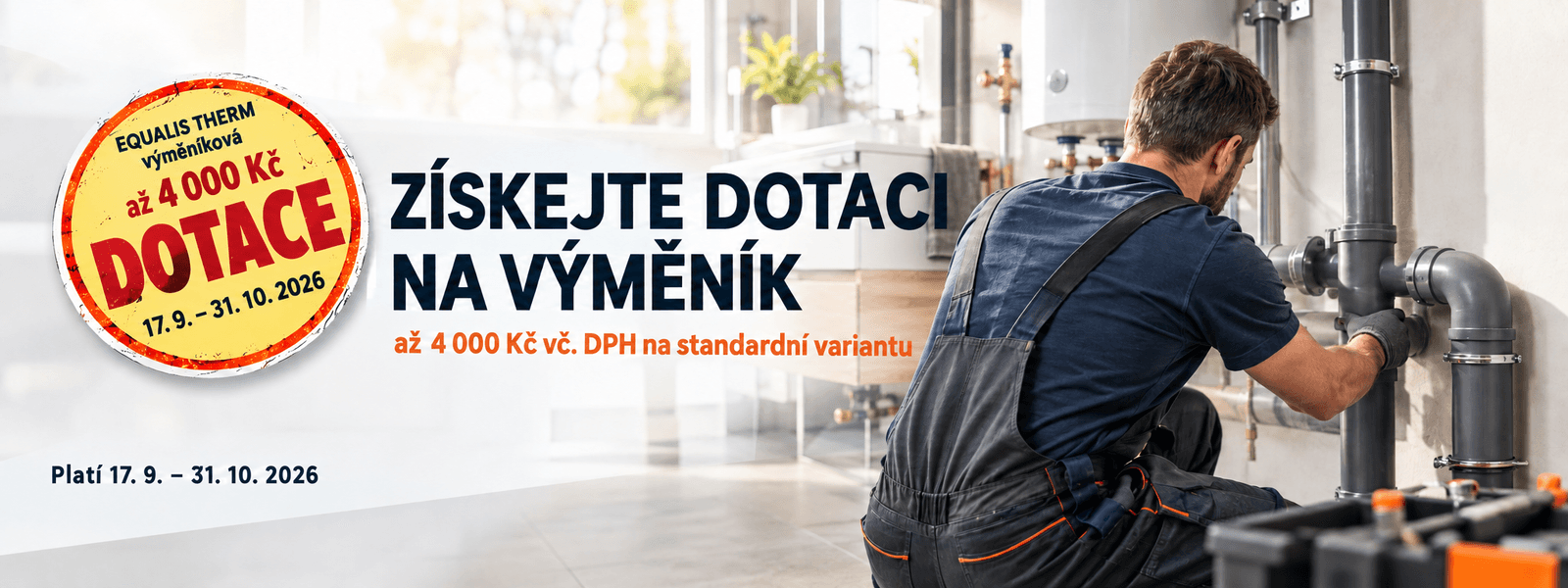 Instalatér montuje výměník tepla EQUALIS THERM k bojleru – akce výměníková dotace až 4 000 Kč, platí 17. 9. až 31. 10. 2026